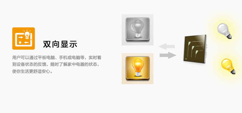 雙向顯示，用戶可通過平板電腦、手機或電腦燈，實時看到設(shè)備狀態(tài)的反饋，隨時了解家中電器的狀態(tài)，使您生活更舒適安心。